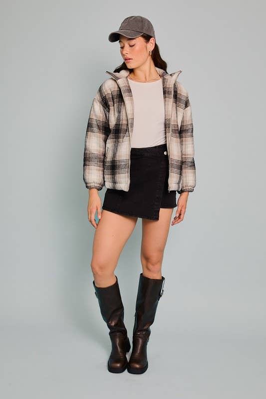 Zipper Front Padded Plaid Jacket