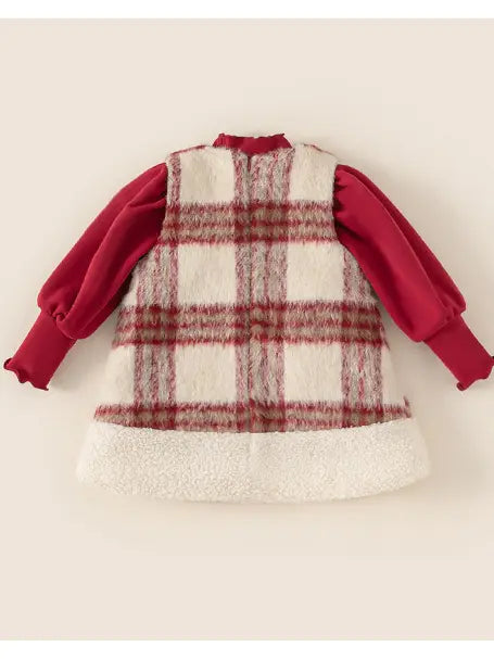 Girls' red quilted thickened plaid bow dress 2pcs set