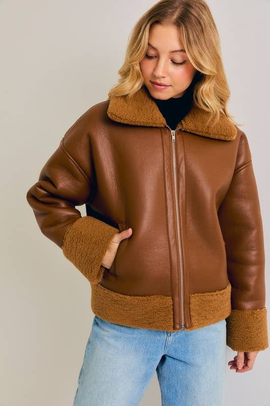 Zipper Front Shearling Faux Leather Jacket