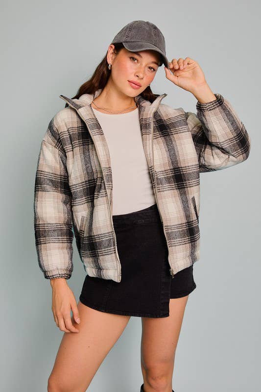 Zipper Front Padded Plaid Jacket