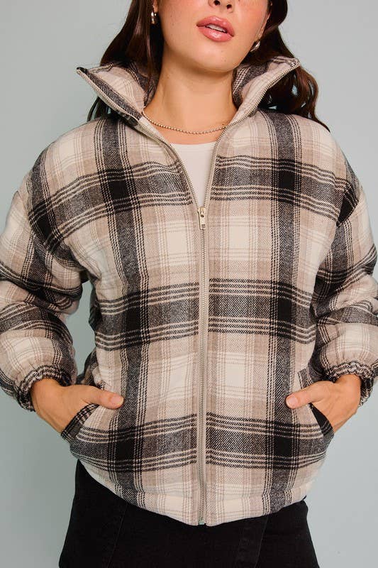 Zipper Front Padded Plaid Jacket