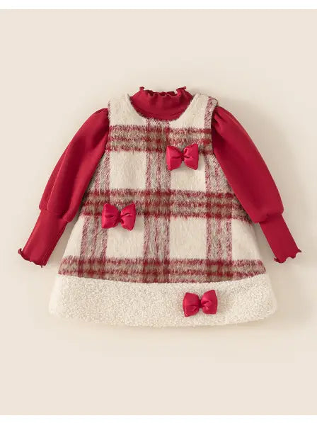 Girls' red quilted thickened plaid bow dress 2pcs set