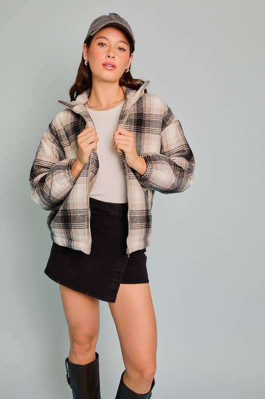 Zipper Front Padded Plaid Jacket