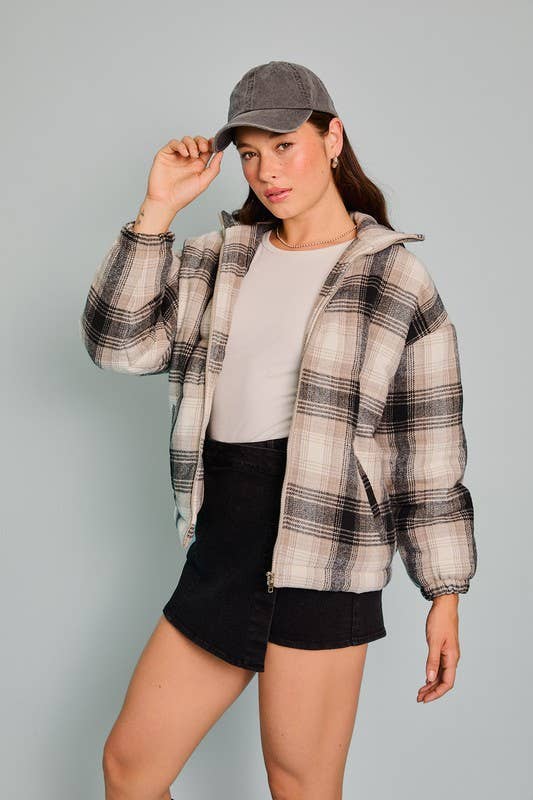 Zipper Front Padded Plaid Jacket