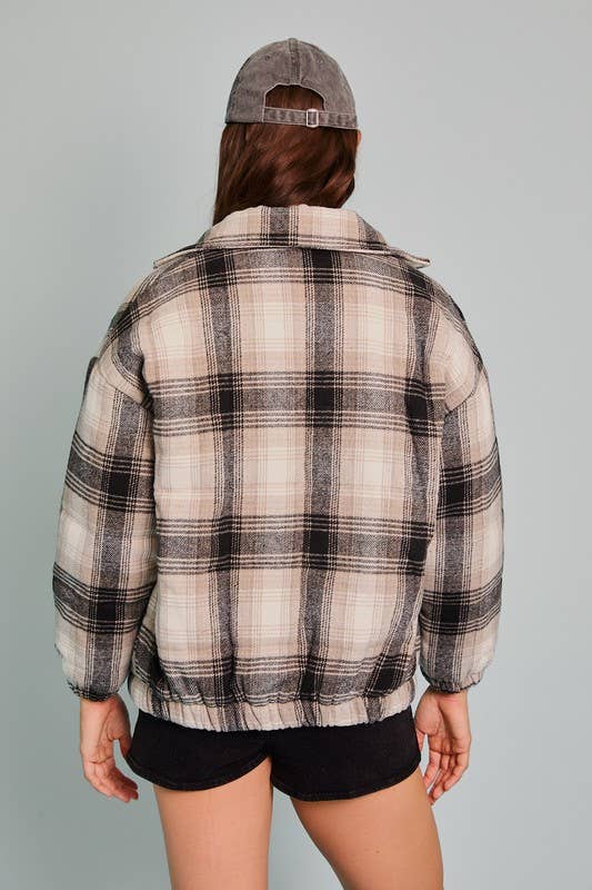 Zipper Front Padded Plaid Jacket